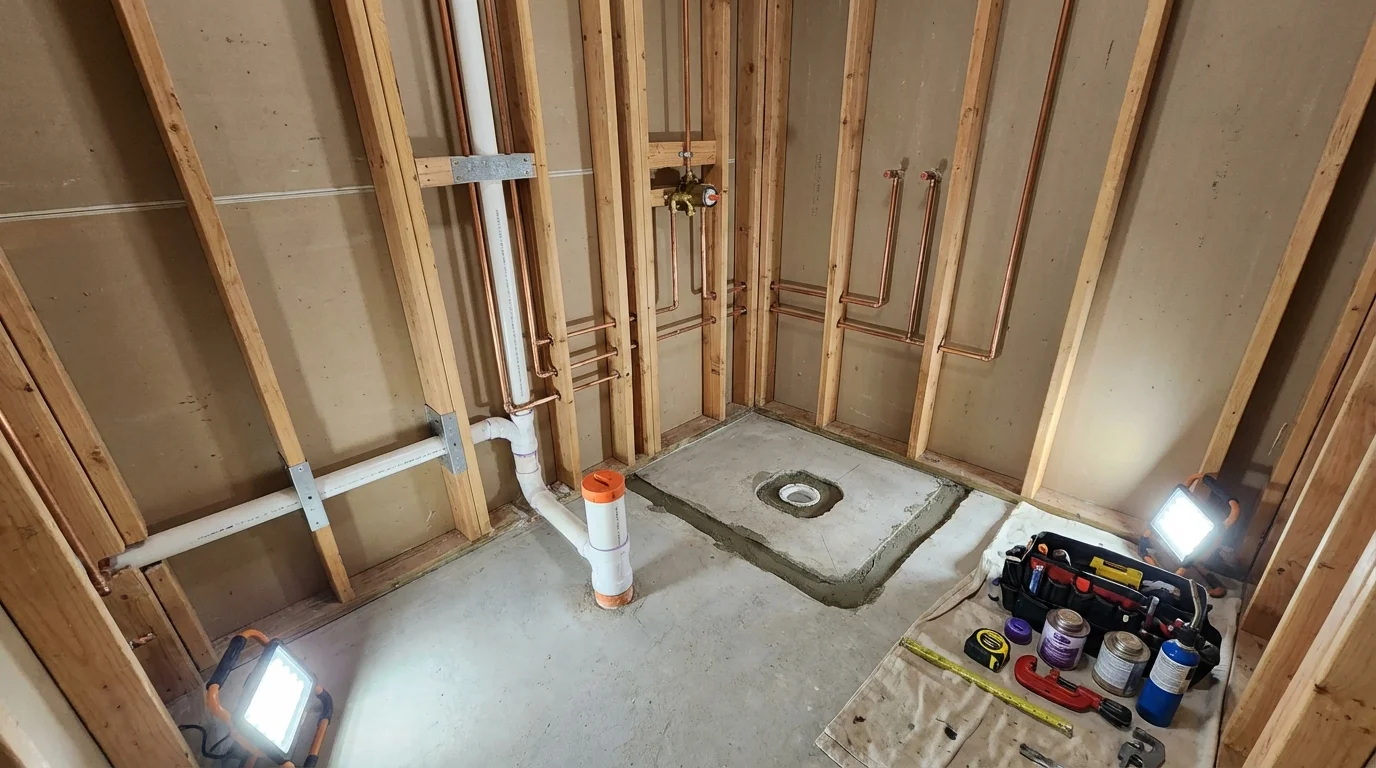 Bathroom rough-in plumbing during remodel by Johns Plumbing LLC in Clint
