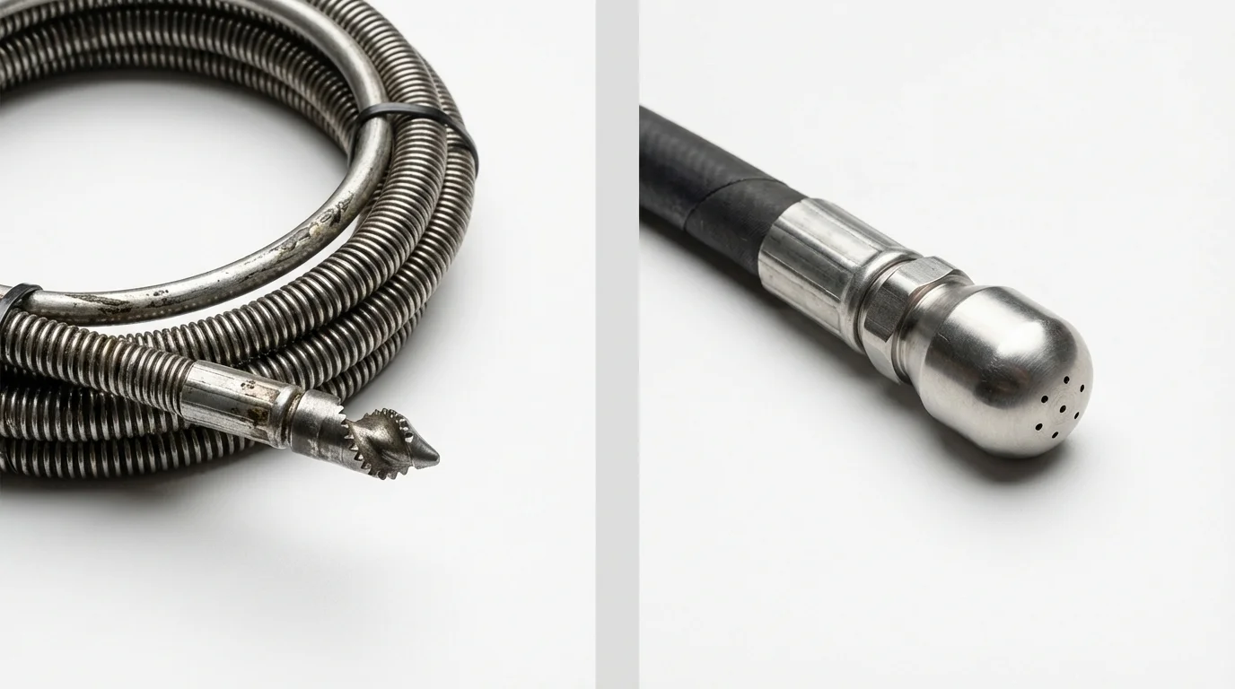 Drain snake cable and hydro jetting nozzle used for drain cleaning in Clint, TX