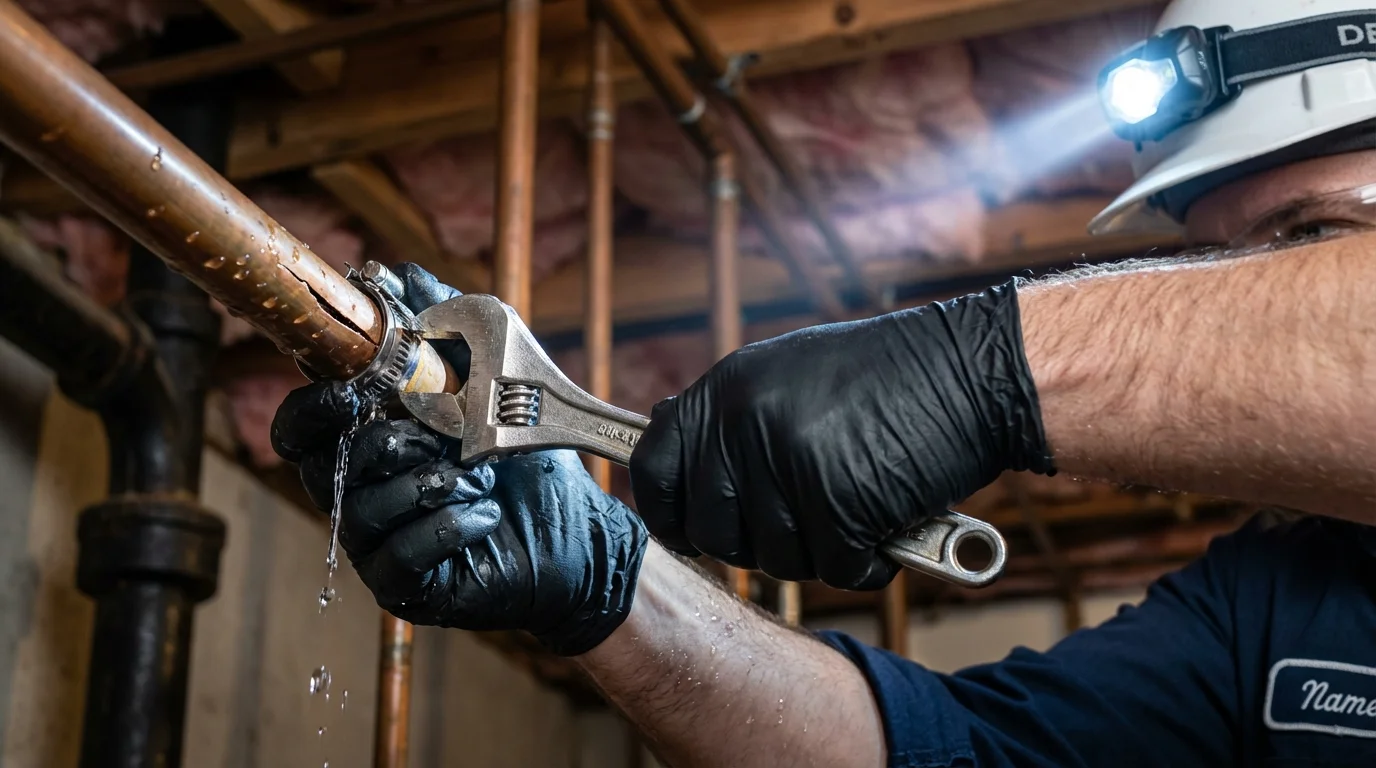 Emergency pipe clamp repair being performed by a Johns Plumbing LLC plumber in Clint